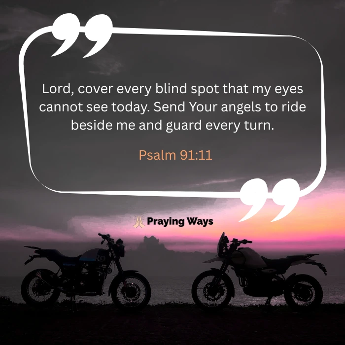 A prayer card for biker safety asking for divine protection over blind spots and road turns, featuring Psalm 91:11 and silhouettes of two motorcycles