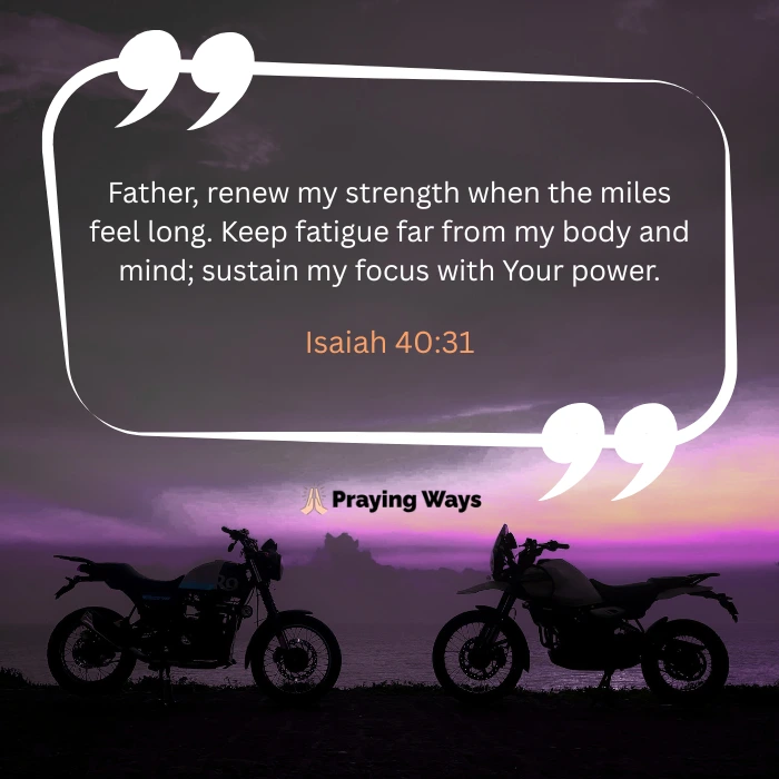 An inspirational graphic for long-distance motorcycle riders featuring a prayer for strength and endurance based on Isaiah 40:31 with sunset coastal scenery.