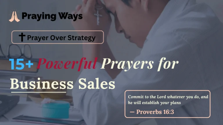 A business professional praying in a modern boardroom with the text 15 Plus Powerful Prayers for Increasing Business Sales with Bible Verses