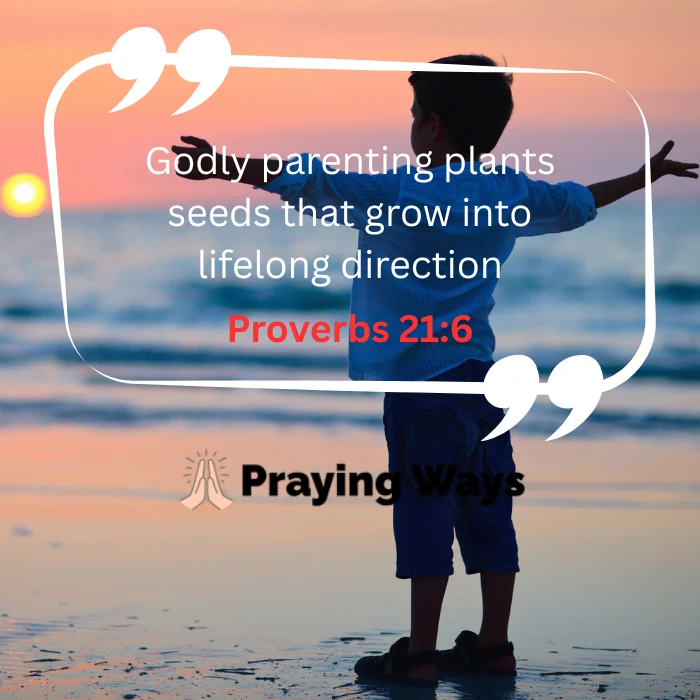 Beautiful sunset over water with a child silhouette and flying birds. Motivational quote in white: "Godly parenting plants seeds that grow into lifelong direction" with reference Proverbs 22:6. Praying Ways logo.