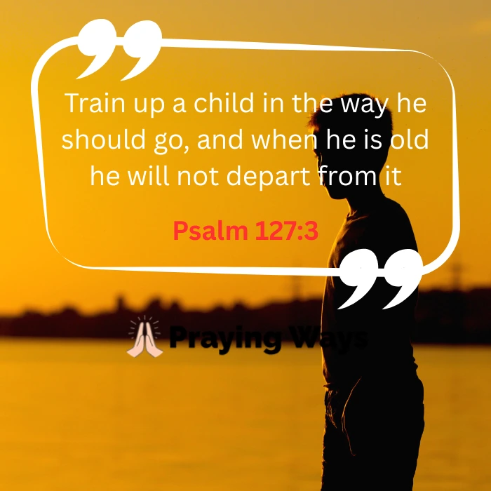 Inspirational sunset ocean scene with a child’s silhouette watching birds. Text overlay: "Train up a child in the way he should go, and when he is old he will not depart from it" Proverbs 22:6. Praying Ways branding.