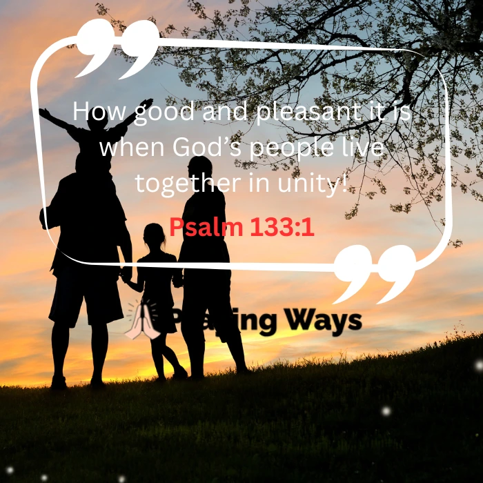 Silhouette of a peaceful family moment at sunset representing unity, love, and harmony in the home with Psalm 133:1.