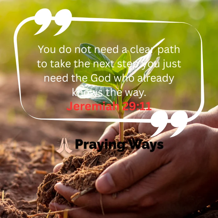 An inspirational quote graphic by Praying Ways featuring human hands gently cradling rich soil with a small green seedling growing out of it. White text inside large quotation marks reads, "You do not need a clear path to take the next step you just need the God who already knows the way." The Bible verse "Jeremiah 29:11" is highlighted below it in bold red text.