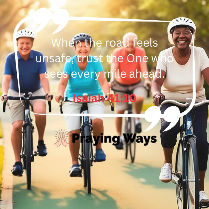 A diverse group of senior cyclists smiling and riding bicycles on a paved trail, featuring a quote overlay that reads, "When the road feels unsafe, trust the One who sees every mile ahead. Isaiah 41:10" with the Praying Ways logo.
