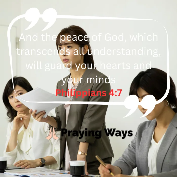 A business meeting setting featuring a young East Asian female leader standing and holding papers while speaking to her colleagues. A white quote bubble graphic overlays the scene, containing the Bible verse text: "And the peace of God, which transcends all understanding, will guard your hearts and your minds. Philippians 4:7" in white and red text.