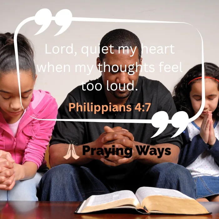 Family praying together for peace with Philippians 4:7 verse text