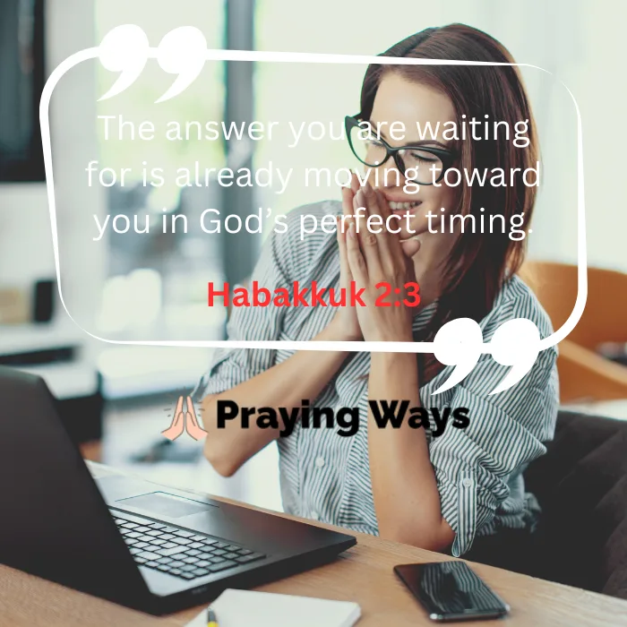 A woman wearing glasses smiling with her hands clasped at a laptop desk, featuring a scripture-based quote on God's perfect timing and Habakkuk 2:3.