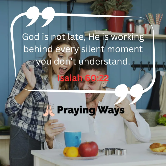 A happy young couple in a kitchen celebrating good news from a letter, overlaid with an encouraging quote and the text Isaiah 60:22.