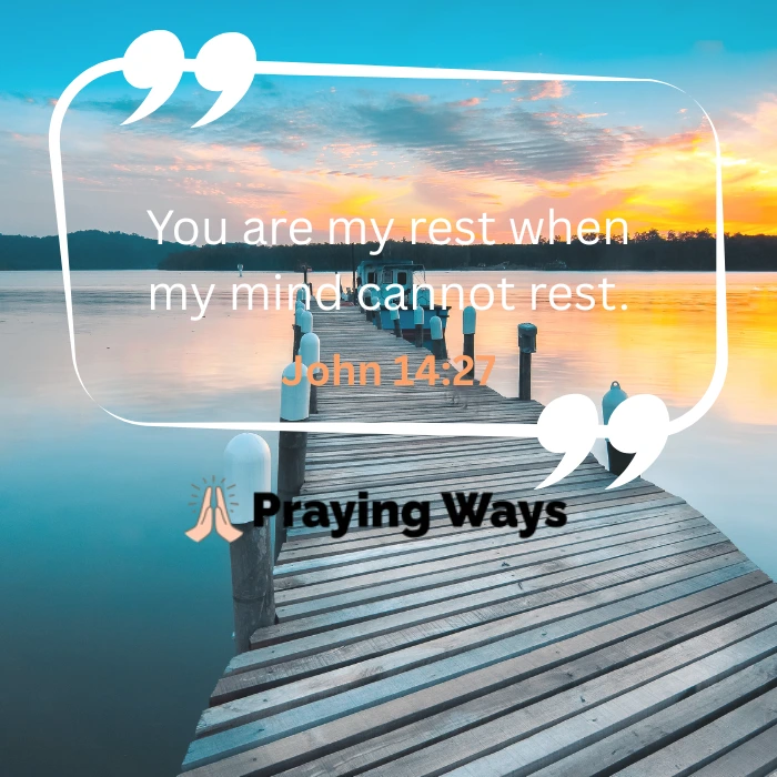 Peaceful shoreline at sunset with Bible-inspired prayer text about trusting God for rest, peace, and emotional calm.