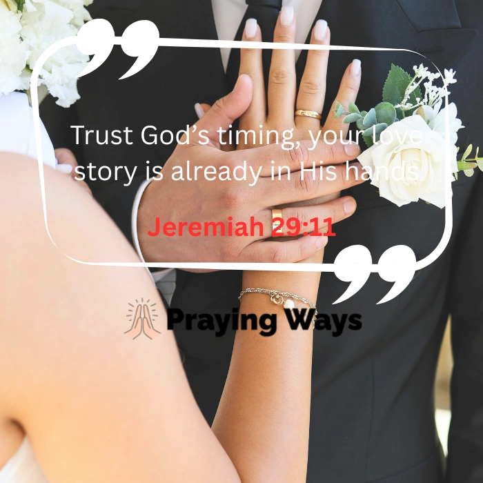 Close-up of a married couple’s hands showing wedding rings and a white rose bouquet, featuring the text "Trust God's timing, your love story is already in His hands" with Jeremiah 29:11.