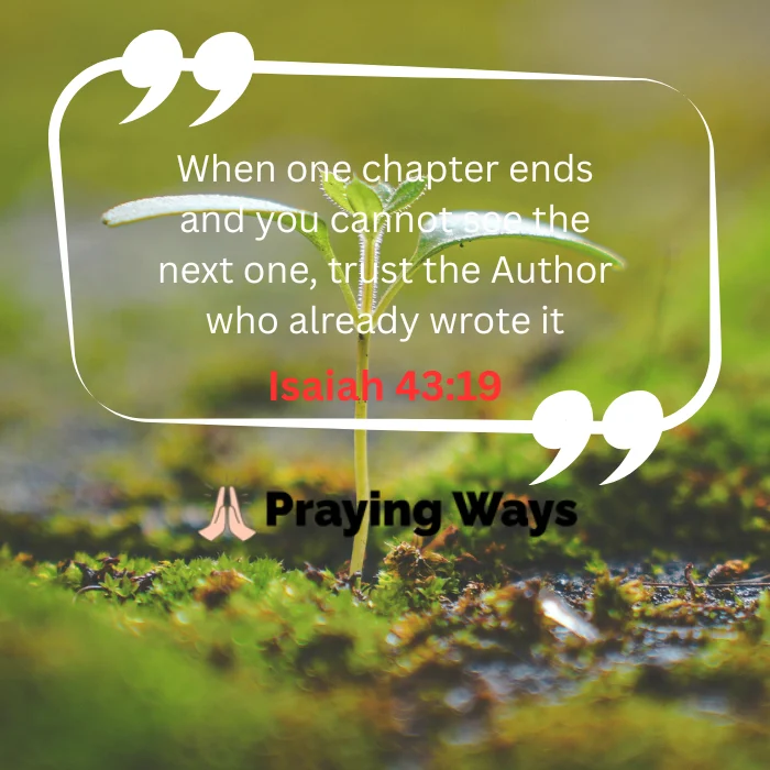 A spiritual encouragement graphic by Praying Ways displaying a macro close-up of a tiny green sprout emerging from lush, mossy ground. White text inside large quotation marks reads, "When one chapter ends and you cannot see the next one, trust the Author who already wrote it." The Bible verse "Isaiah 43:19" is featured prominently in bright red text.