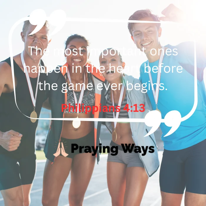 A female track athlete jumping over a hurdle on a red running track with a quote overlay: "Prayer prepares the heart for everything the race brings. Hebrews 12:1."