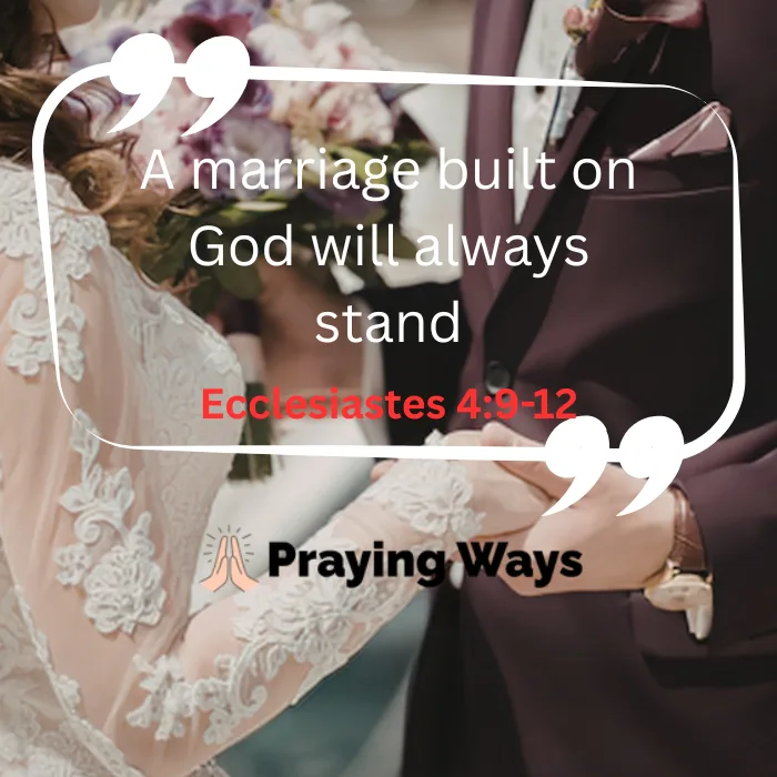 A bride and groom holding hands during their wedding ceremony, overlayed with a quote saying 'A marriage built on God will always stand' and the Bible