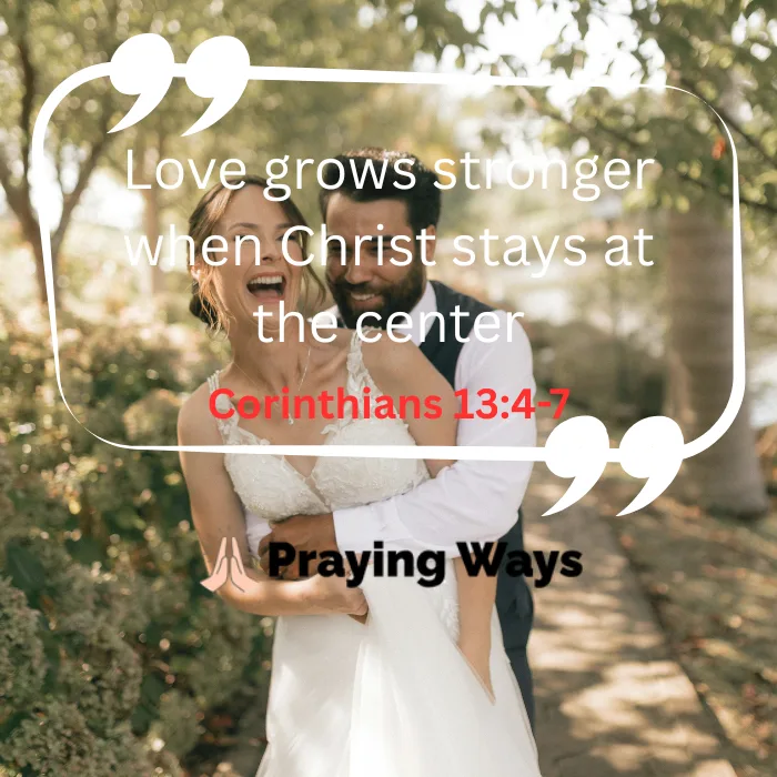 A joyful groom hugging his laughing bride from behind outdoors, featuring a quote overlay that reads 'Love grows stronger when Christ stays at the center'