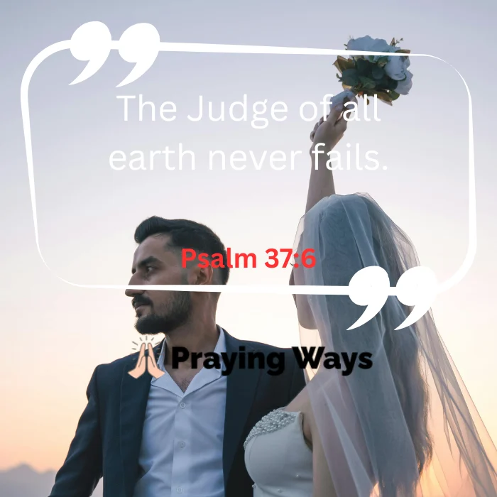 A bride holding up her bouquet next to her groom during sunset, featuring an encouraging scripture quote from Psalm 37:6 for healing a relationship.