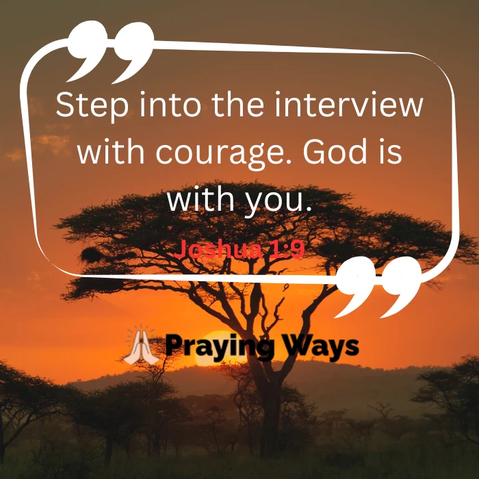 Encouraging quote for job seekers reading "Step into the interview with courage. God is with you" paired with Bible verse Joshua 1:9, featuring a scenic African savanna sunset background