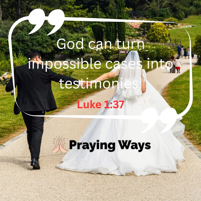 A newlywed bride and groom walking hand in hand outdoors, overlayed with a marriage breakthrough prayer quote from Luke 1:37.