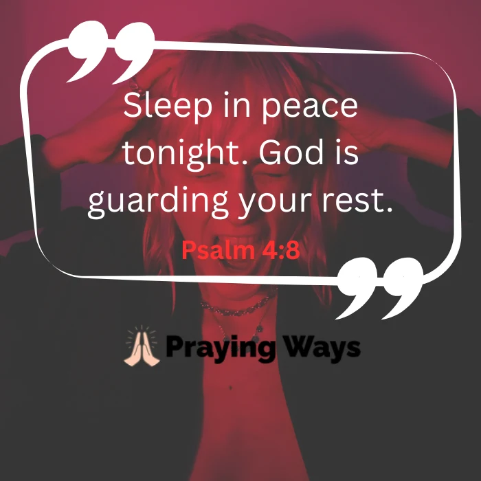 An inspirational quote image for peaceful sleep featuring a woman holding her head in distress under a red light backdrop. The overlay text reads, "Sleep in peace tonight. God is guarding your rest.