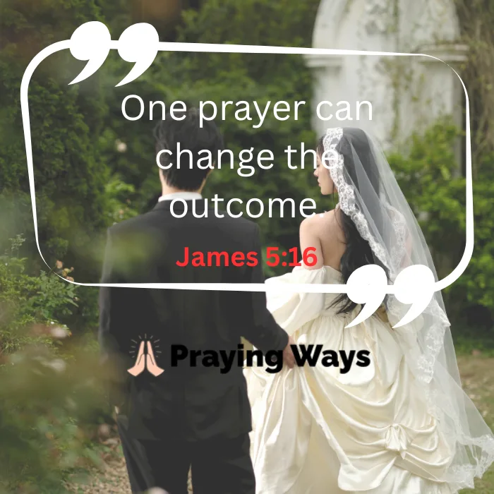 A married couple walking through a lush garden path, featuring a scripture graphic on the power of prayer for marriage restoration from James 5:16.