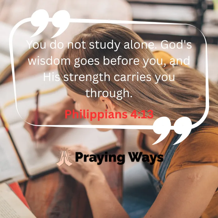 A young man wearing glasses looking down intently while writing in his notebook at a study desk with an open book, tablet, and coffee mug. Overlaid with an encouraging quote from Praying Ways about inviting God into your studies for wisdom, referencing James 1:5.
