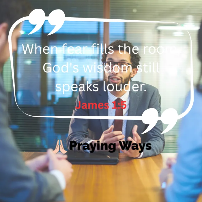 A man speaking confidently during a corporate panel interview with an overlay quote from James 1:5 reading, 'When fear fills the room, God's wisdom still speaks louder