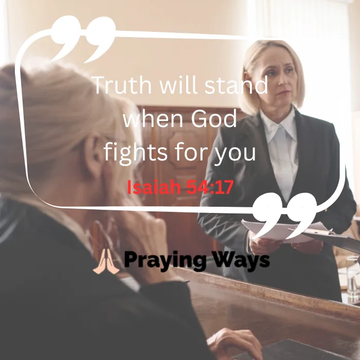 An inspirational quote graphic for a court victory featuring Isaiah 54:17: "Truth will stand when God fights for you" over a courtroom scene with a female attorney.