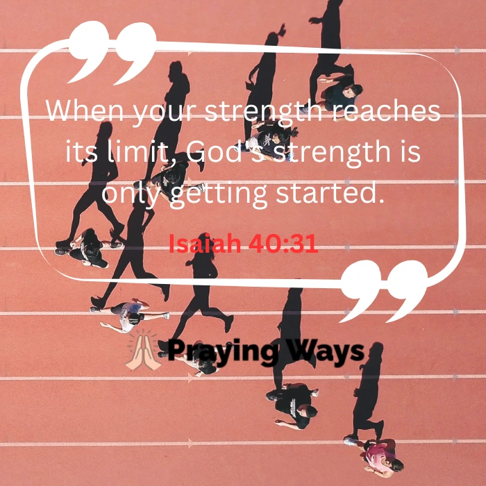 Overhead view of runners casting long shadows on a track, featuring the sports prayer quote: "When your strength reaches its limit, God's strength is only getting started. Isaiah 40:31."