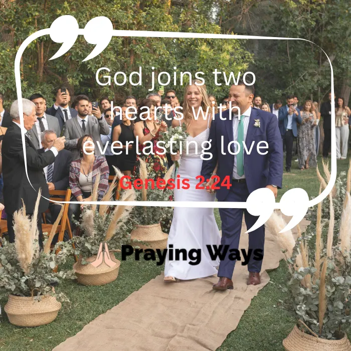 A bride and groom holding hands during their wedding ceremony, overlayed with a quote saying 'A marriage built on God will always stand